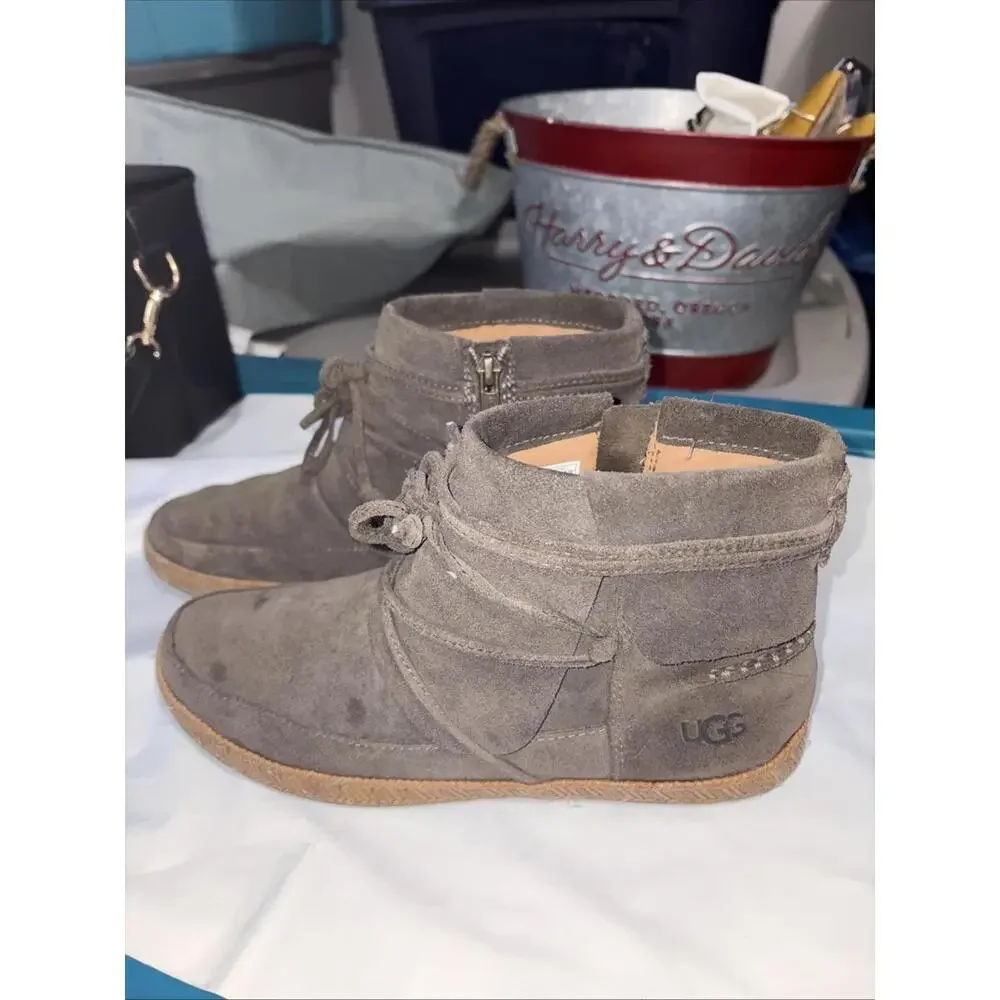 *Ugg Women's Reid‎ Moccasin Lace Up Suede Leather Booties Size 8 Olive Green